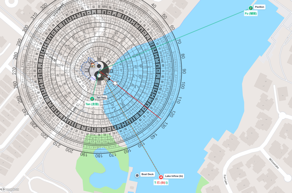 Luopan compass overlay on satellite map showing star sector assignments around the property