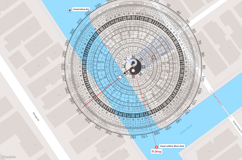 Satellite view. Grand Canal and Linnie Canal visible as dark water channels. Property on Grand Canal Walk with analysis markers at canal inflow and outflow locations.