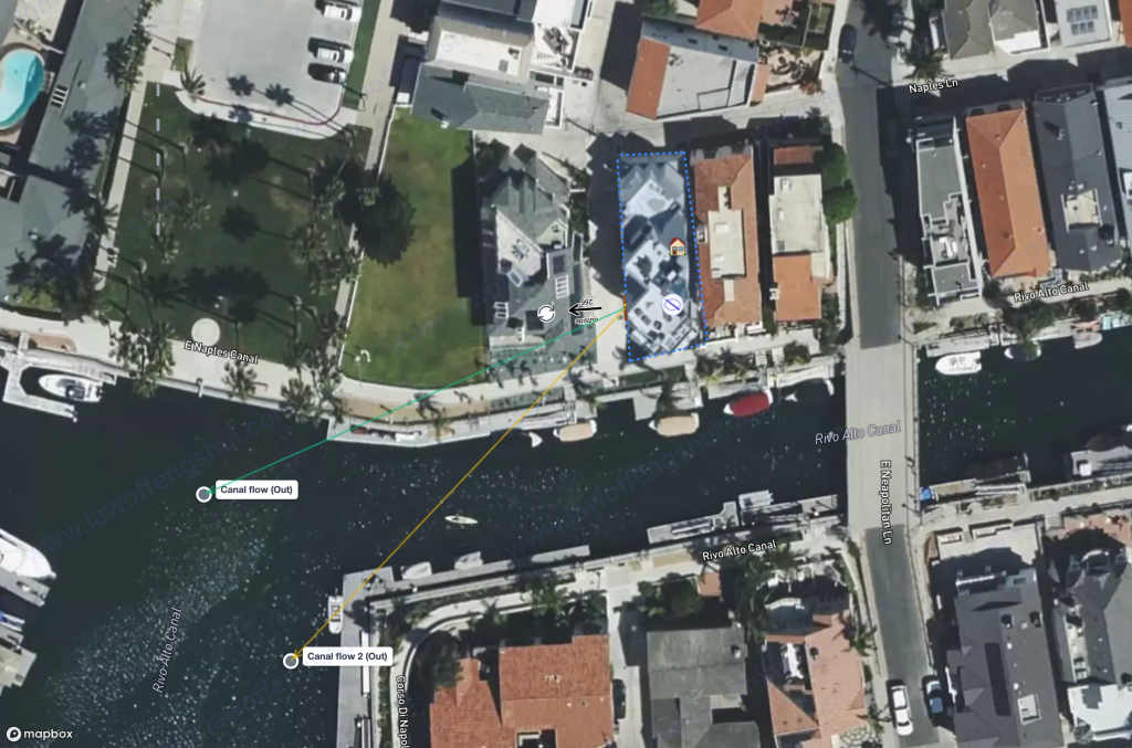 Water Effect outerview on Naples Island. Two canal flows assessed as outgoing water. Canal flow at Tomb phase (223.4° bearing) classified as favorable for outgoing water. Canal flow at Shen (246.1°) classified as neutral.